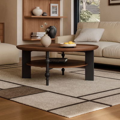 Alternative view of Modern Round Wooden Coffee Table With Double Layer Storage