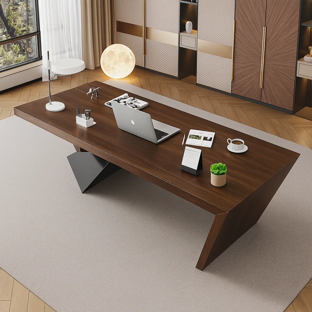 Modern Wooden Executive Desk With Geometric Base For Office - Image 4