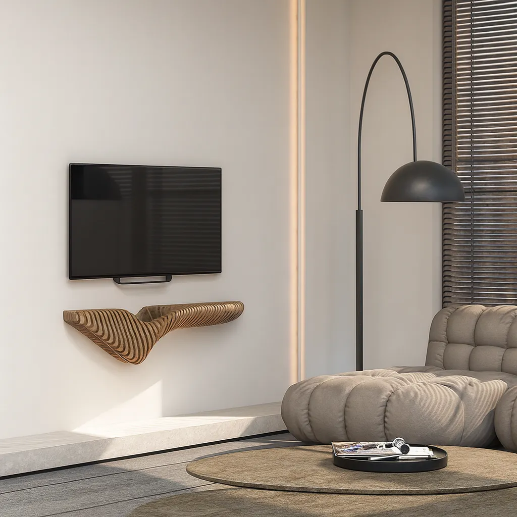 Modern Wooden Floating Wall Shelf With Artistic Wave Design - Image 3