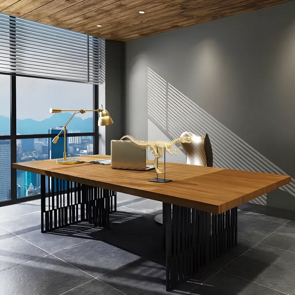 Modern Wooden Office Desk With Metal Base For Workspace - Image 2