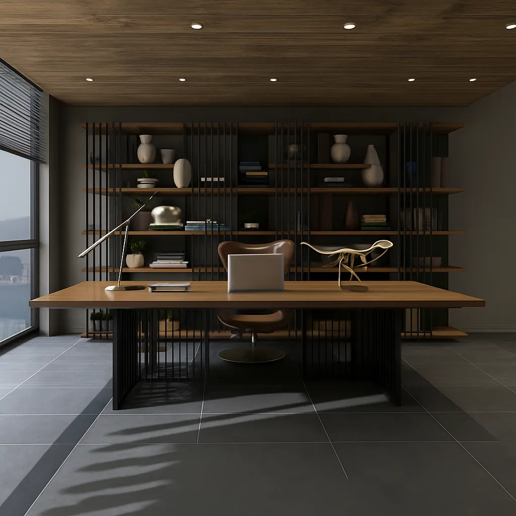 Modern Wooden Office Desk With Metal Base For Workspace - Image 3