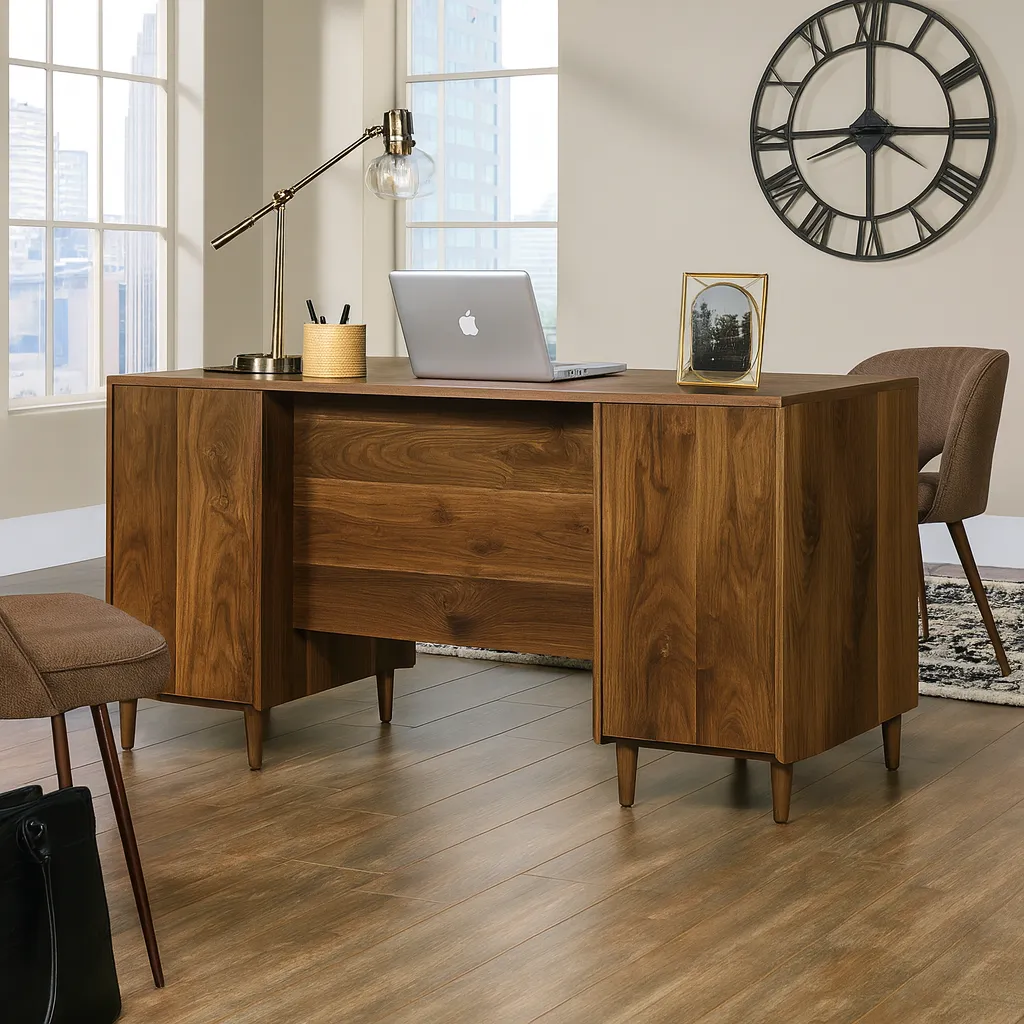 Modern Wooden Office Desk With Metal Base For Workspace - Image 3