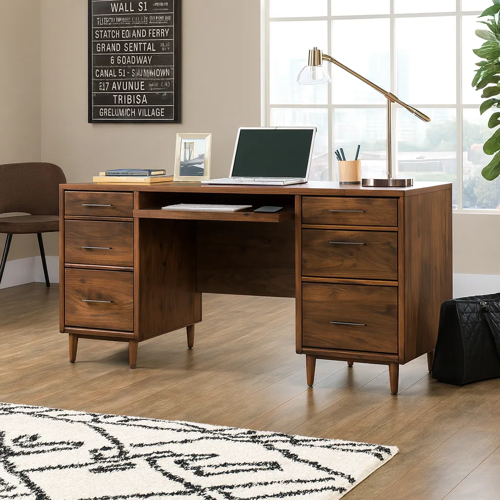 Modern Wooden Office Desk With Metal Base For Workspace - Image 2