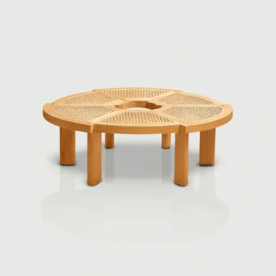 Round Wooden Coffee Table With Woven Top Design