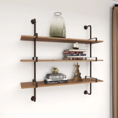 Rustic Wooden Wall Shelf With Metal Brackets