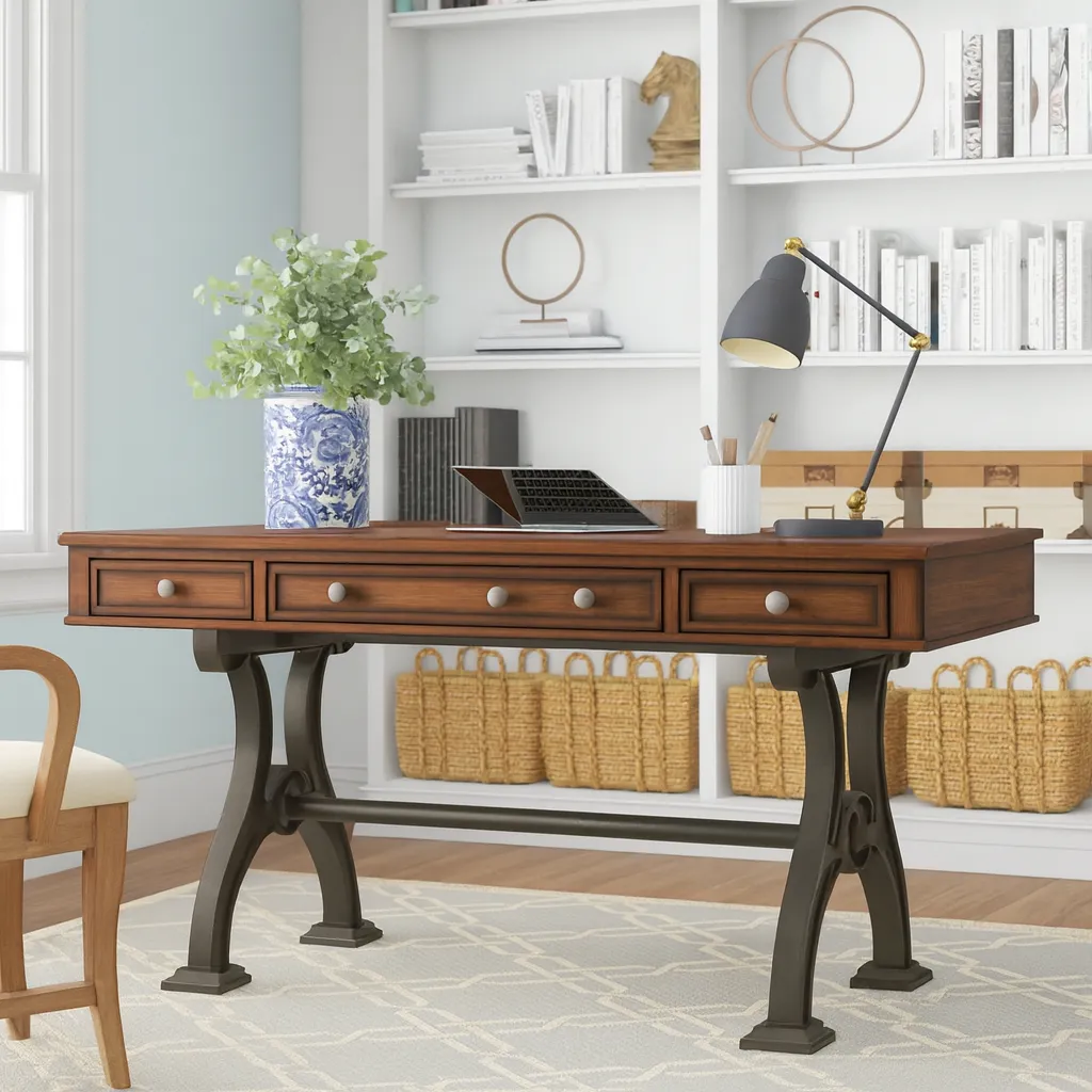 Rustic Wooden Writing Desk With Drawers For Home Office - Image 4
