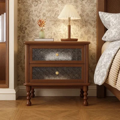 Alternative view of Vintage Wooden Nightstand With Glass Patterned Drawer